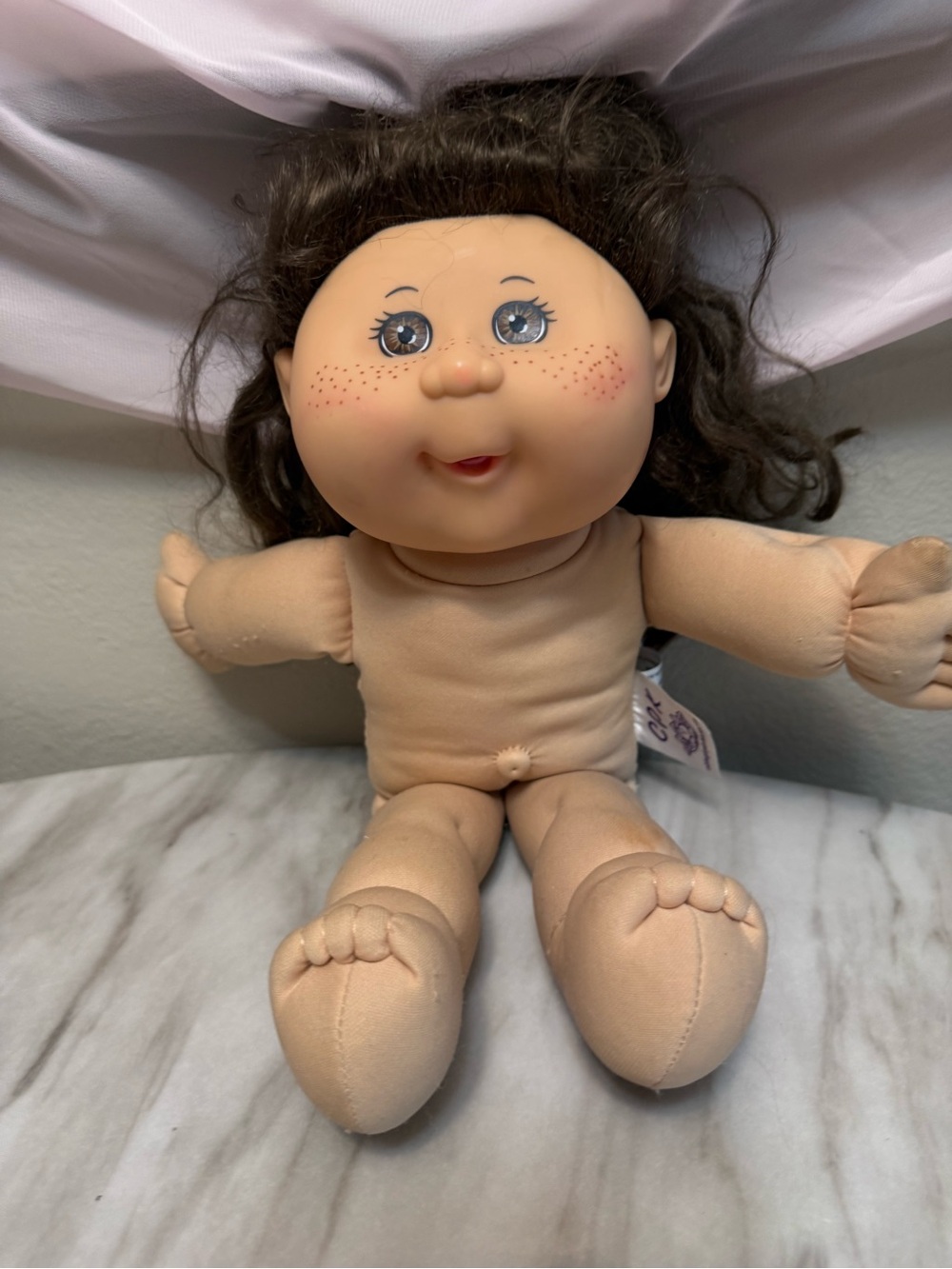 Cabbage Patch Kids brunette synthetic curly hair & freckles